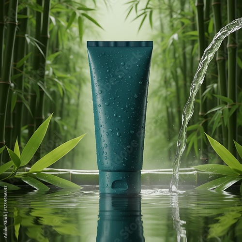 Tall Green Glass Bottle on Wet Grass Fresh Skincare
