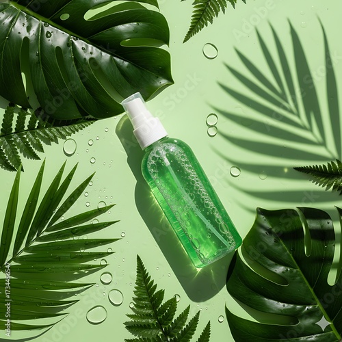 Green Cosmetic Bottles on Palm Leaves Tropical Skincare