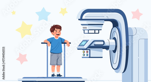 A cheerful boy undergoing an MRI scan in a brightly decorated medical facility designed for