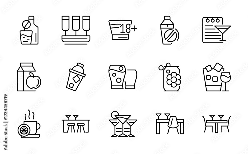 Fototapeta premium Chocktails line icon set. Beer, mojito, whiskey, garnishes, straws, cappuccino, teapot, wine, drug, graps, juice, Cuba Libre, lemonade, iced tea line icon pack