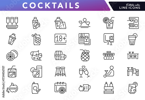 Chocktails line icon set. Beer, mojito, whiskey, garnishes, straws, cappuccino, teapot, wine, drug, grapes, juice, Cuba Libre, lemonade, and ice tea line icon pack. Editable stroke
