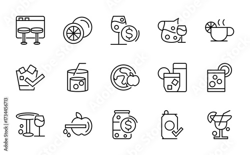Chocktails linear icon set. Beer, mojito, wine, whiskey, garnishes, straws, cappuccino, drug, grapes, juice, lemonade, iced tea line icon set. Editable stroke