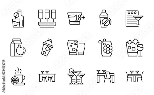 Chocktails line icon set. Beer, mojito, whiskey, garnishes, straws, cappuccino, teapot, wine, drug, graps, juice, Cuba Libre, lemonade, iced tea line icon pack