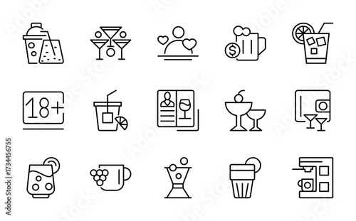 Chocktails line icon set. Beer, mojito, whiskey, garnishes, straws, cappuccino, teapot, wine, drug, graps, juice, Cuba Libre, lemonade, iced tea line icon pack