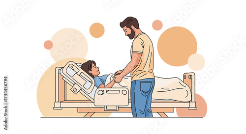 A heartwarming scene of a caring husband visiting his wife in the hospital bed, filled with love