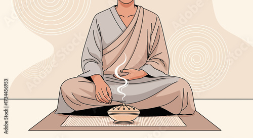 A peaceful meditation scene depicting a monk with incense burner for relaxation and mindfulness