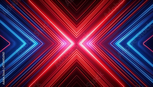 abstract red and blue neon light x shaped geometric pattern background
