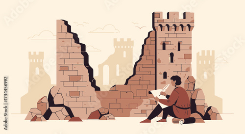 A scribe composing history amidst the ruins of an ancient medieval castle drawing inspiration from