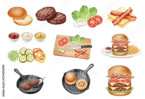 Watercolor Burger Ingredients – Buns, Meat, Cheese and Vegetables
