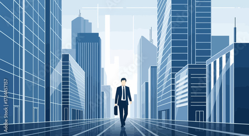 A stylized businessman walking purposefully in a blue cityscape illustration