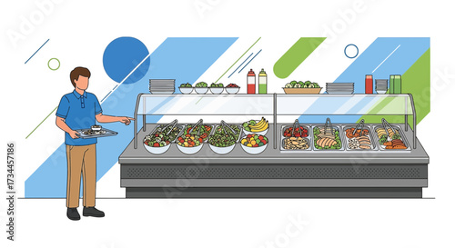 A vibrant salad bar illustration with a customer selecting fresh ingredients for lunch
