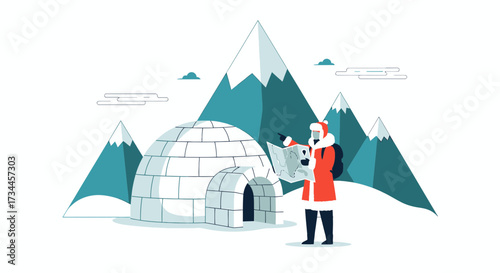 Adventurer explores winter landscape with igloo and snowy mountains for arctic adventure