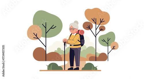 Active Aging: Senior Woman Enjoying Hiking in Nature with Backpack and Walking Stick