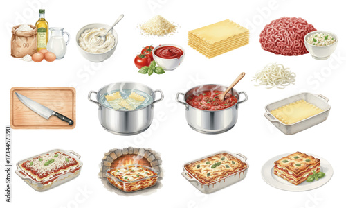 Watercolor Lasagna Ingredients and Traditional Italian Dish