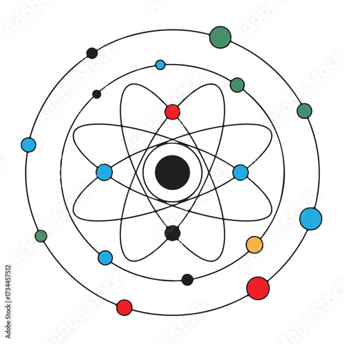 Abstract representation of an atom with electrons orbiting the nucleus, symbolizing science, physics, and research, isolated on white background technology background