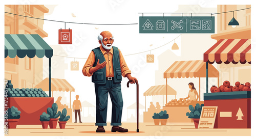An elderly man with a cane shopping at a bustling farmers market on a sunny day outdoors