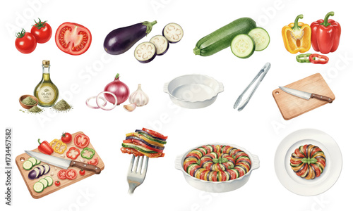 Watercolor Ratatouille Ingredients and Traditional French Dish