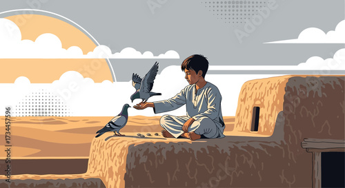 An illustration showing a boy feeding pigeons in a Middle Eastern or Asian setting with warm