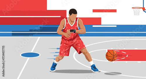 Basketball player dribbling a ball with a modern illustration style, using a smartwatch for