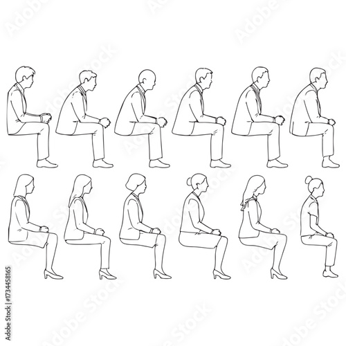 men and 
women and teenagers sitting on bench or chair business group in profile view