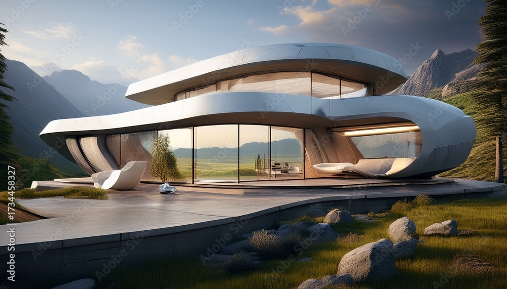 Obraz premium futuristic luxury prairie home with concrete design and scenic mountain view