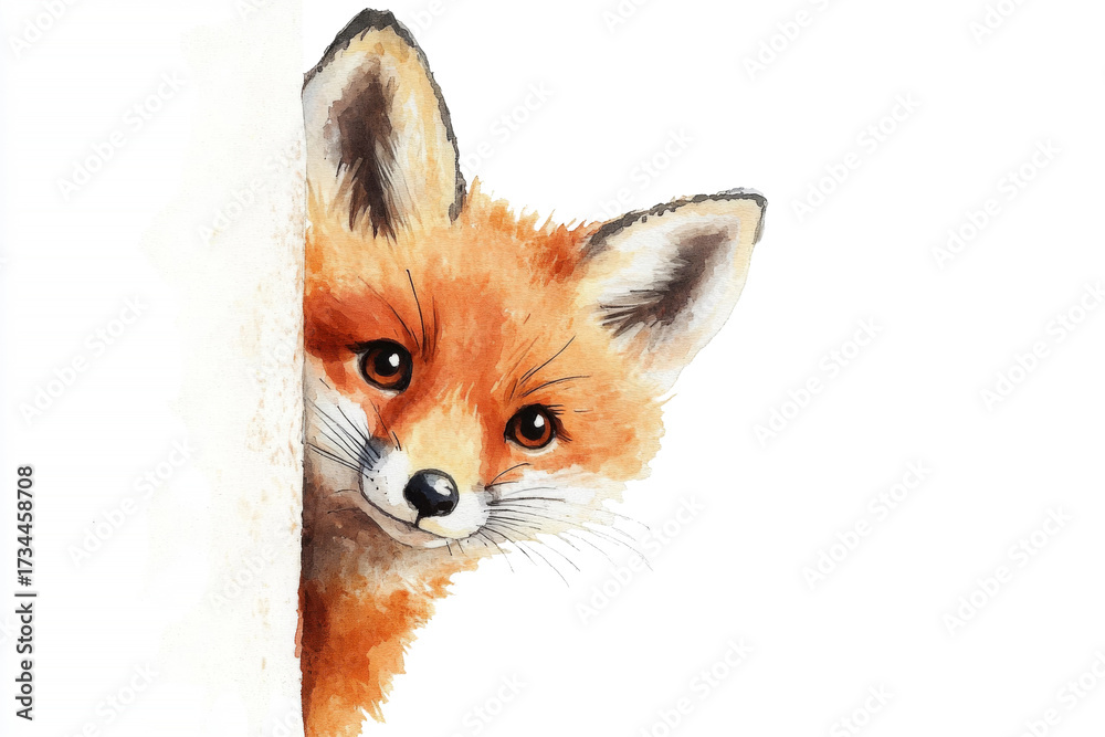 Fototapeta premium Watercolor of a cute fox peeking from behind wall isolated on transparent background