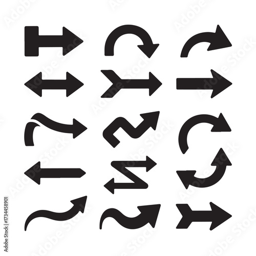 Collection of black arrow icons with various shapes and curves, isolated on a white background technology background