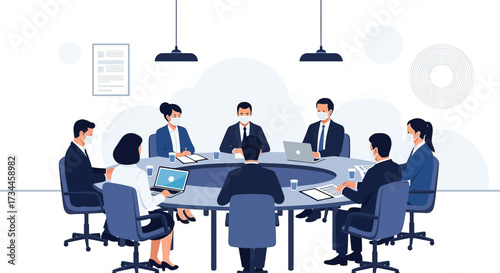 Business meeting with safety protocols: masked team discussing strategies around a table