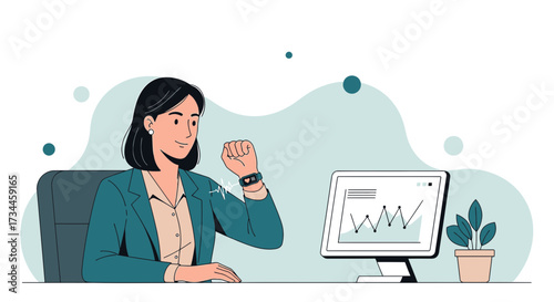 Businesswoman analyzing graphs while monitoring health with a smartwatch at office desk
