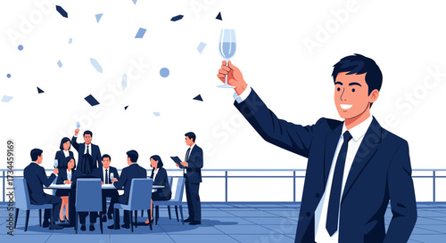 Business team celebrating success with champagne toast at an outdoor venue illustration