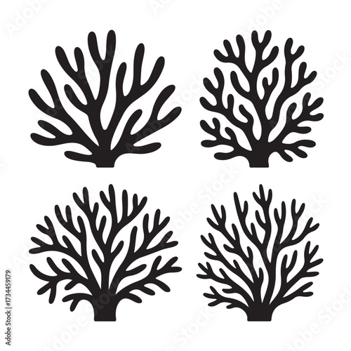 Collection of four black silhouette illustrations of coral reef branches, isolated on white background technology background