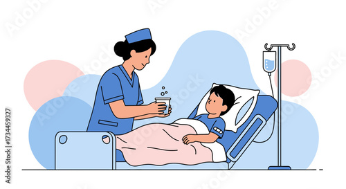 Caring Nurse Offering Drink to Sick Child in Hospital Bed: A Heartwarming Scene Illustrating