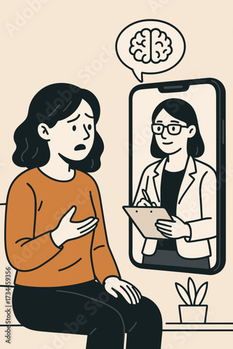 Sad woman having a virtual therapy session with a psychologist on a smartphone screen