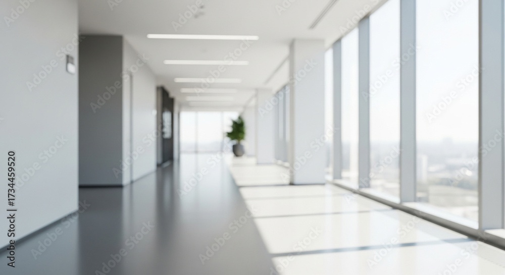 Fototapeta premium Blurred Modern Office Building Hallway Interior with Large Windows Architecture