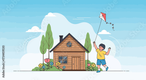 Cartoon Illustration of a Boy Flying a Kite in Front of a Cozy House on a Sunny Day