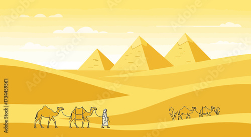Cartoon illustration of Egyptian pyramids, desert, camels and a nomad in golden hues scenery