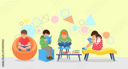 Cartoon Illustration of Children Reading Books Together in a Colorful Setting