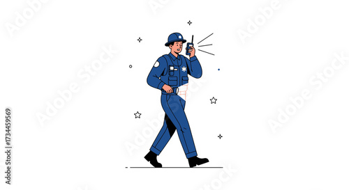 Cartoon security guard patrolling with flashlight and walkie-talkie on white background