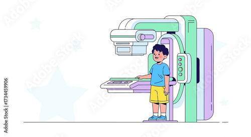 Child undergoes futuristic medical scan with advanced machinery in a clinical setting illustration