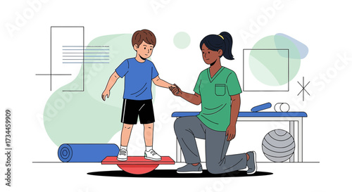 Child physical therapy session: therapist assisting boy with balance on wobble board exercise