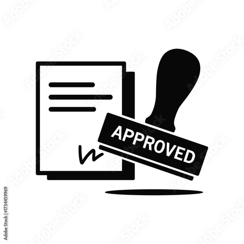 Black silhouette of a document and an approved stamp on a white background Keywords: approved, stamp