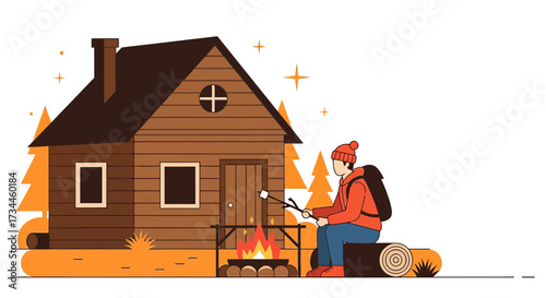 Cozy cabin retreat with campfire and roasting marshmallows for a relaxing outdoor adventure getaway