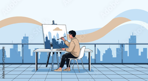 Creative artist capturing urban skyline, expressing artistic vision in his studio with modern city