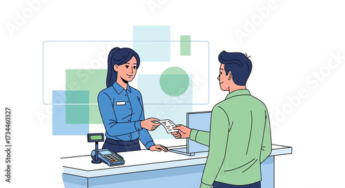 Customer service transaction at a bank or retail checkout counter illustration