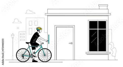 Cyclist stops at a house with window cleaner illustration in line art style urban environment