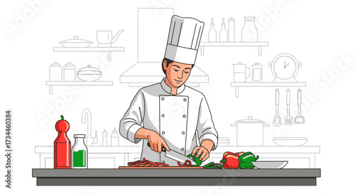 Dedicated chef preparing vegetables in a commercial kitchen with precision and skill