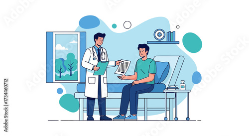 Doctor explaining medical test results to patient in hospital bed setting illustration