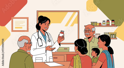 Doctor explaining medication to indian family in clinic office during consultation visit health