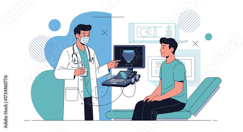Doctor Explaining Ultrasound Scan Results to Patient in a Modern Clinic Setting Illustration