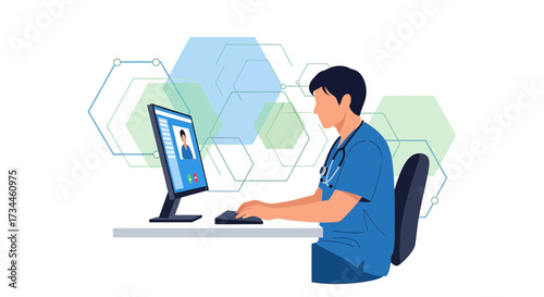Doctor using telemedicine for online consultation with patient in virtual healthcare setting